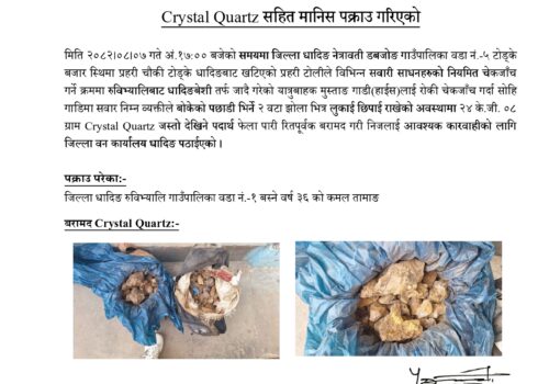 क्रिस्टल क्वार्ट्जसहित धादिङमा एक जना पक्राउ